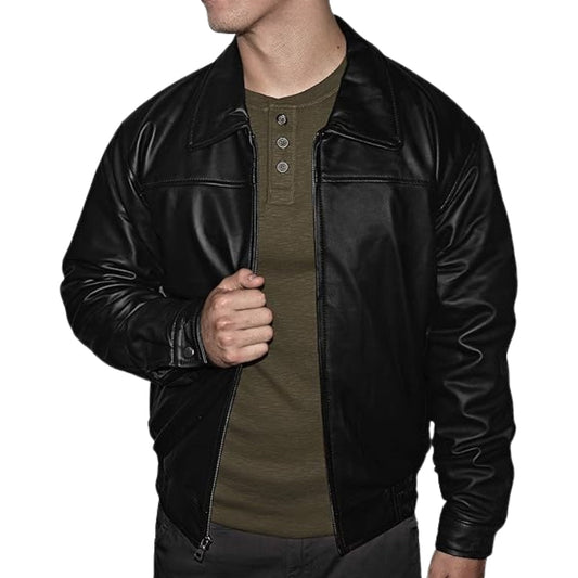 Men's Black Leather Motorcycle Bomber with Quilted Inner Comfort