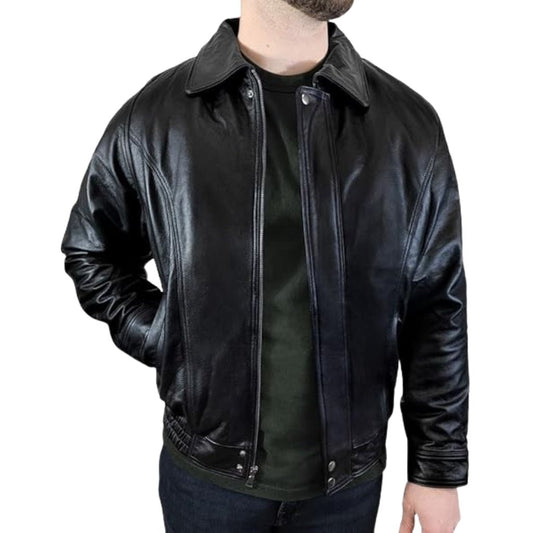 Genuine Leather Black Bomber Jacket with Zip Out Liner