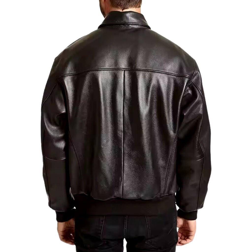 Men's Brown Leather Bomber with Functional Flap Pockets