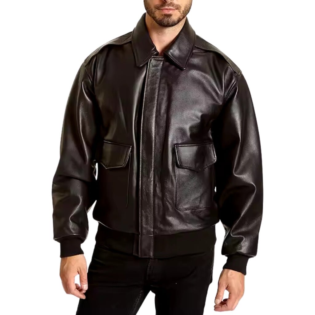 Men's Brown Leather Bomber with Functional Flap Pockets