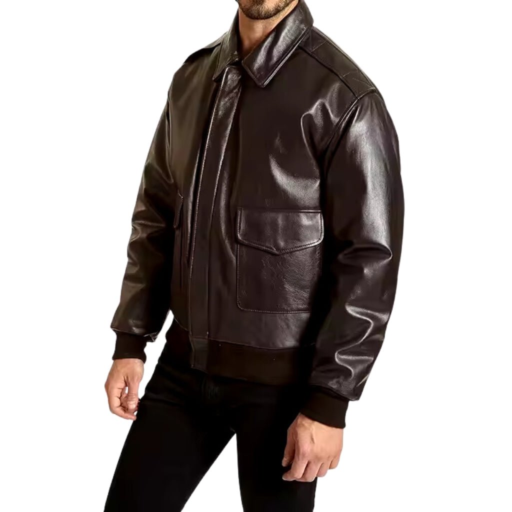 Men's Brown Leather Bomber with Functional Flap Pockets