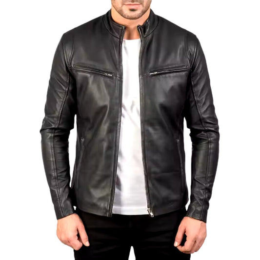 Iconic Black Leather Jacket with Quilted Inner Lining and Zipper Cuffs