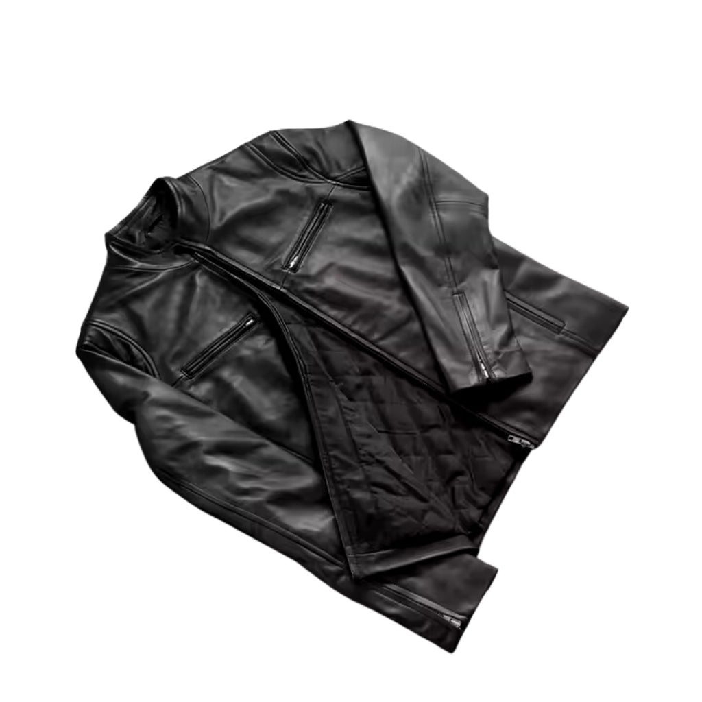 Iconic Black Leather Jacket with Quilted Inner Lining and Zipper Cuffs